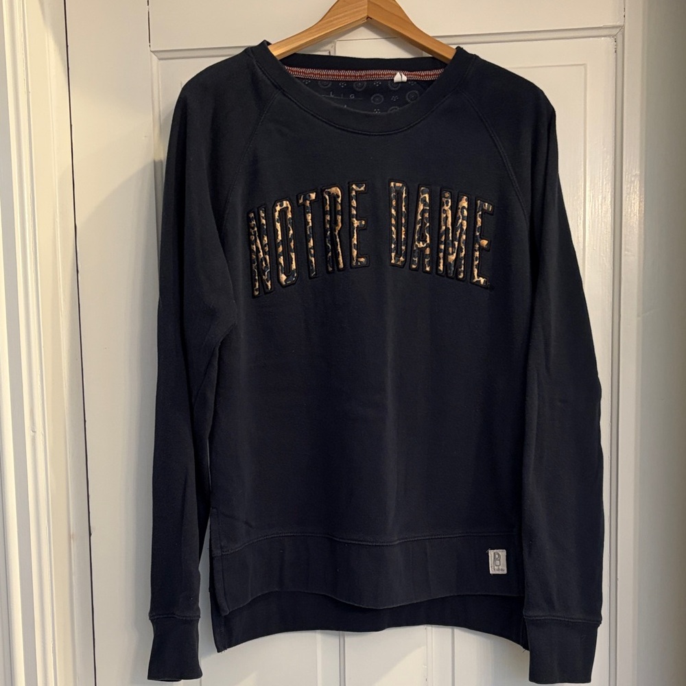 Pressbox Navy Crewneck Sweatshirt with Leopard 'Notre Dame' Applique